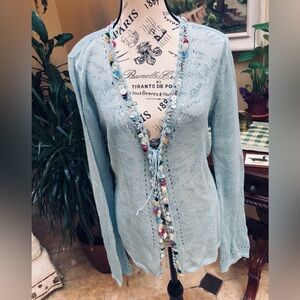 CAbi sweet loose weave cardigan with bead & button accents